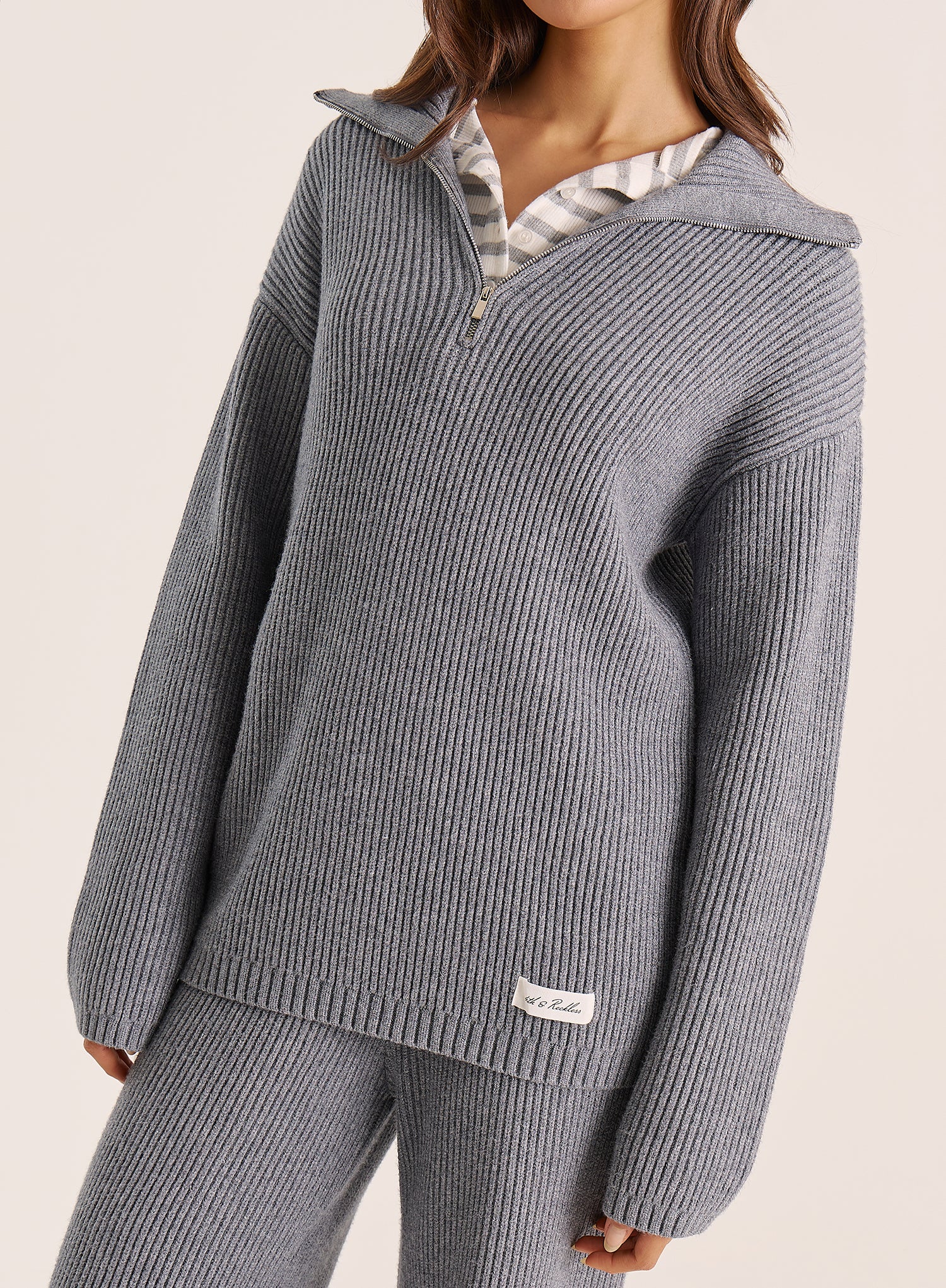 Light Grey Knitted Oversized Collar Zip Jumper